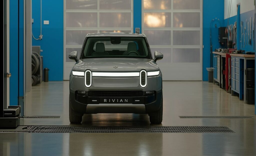 Rivian R1 in a body shop for Certified Rivian repair at GW & Sons Oklahoma City Rivian-R1-in-a-body-shop-for-Certified-Rivian-repair-at-GW-Sons-Oklahoma-City