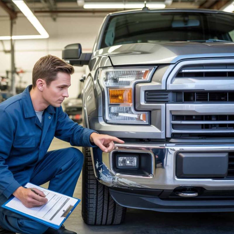 Oklahoma City Auto Body Shop tech inspecting truck Oklahoma City Auto Body Shop tech inspecting truck