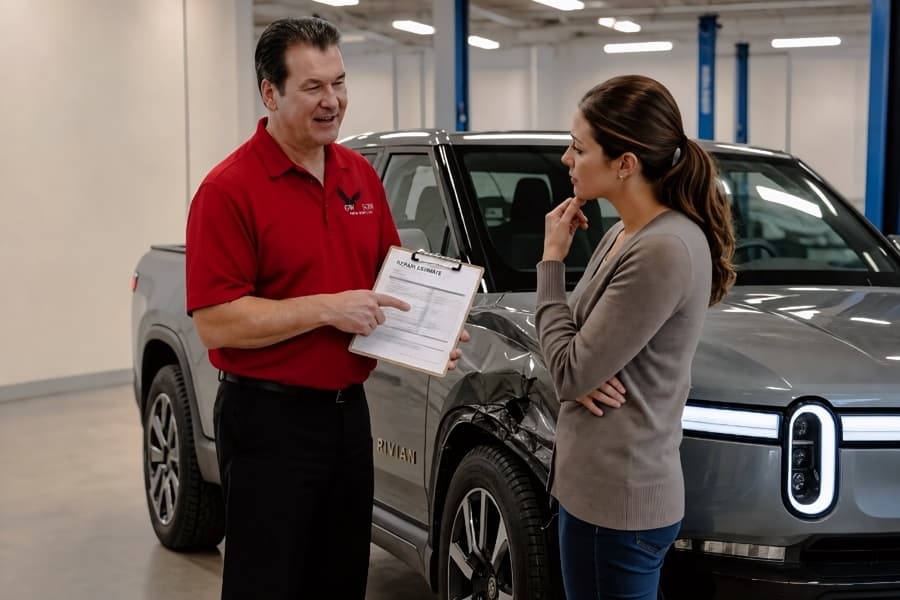 Gary-Wano-with-customer-repairing-a-Rivian-at-GW-Son-Auto-Body-OK-City