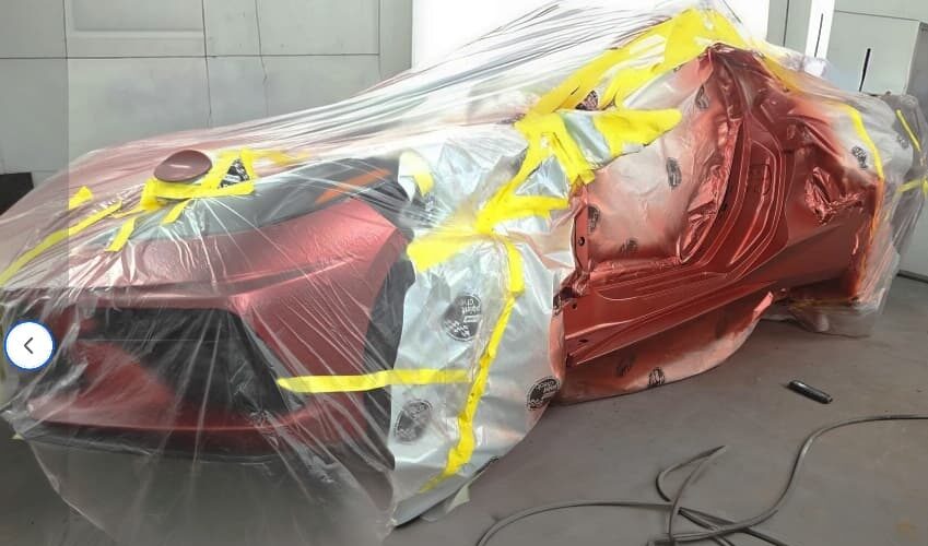 Red-Corvette-being-painted-at-GW-Sons-Auto-Body-Oklahoma-City
