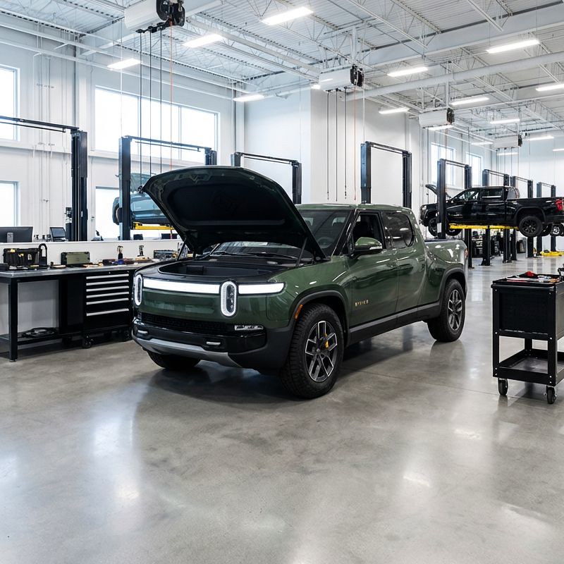 Rivian under inspection after repairs-Auto Body Repair GW & Sons